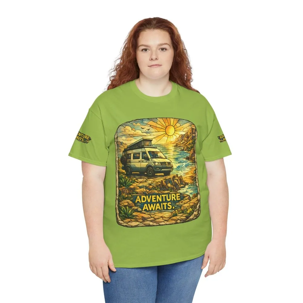 Unisex Heavy Cotton Tee — "Adventure Awaits" Design Cubic-Line