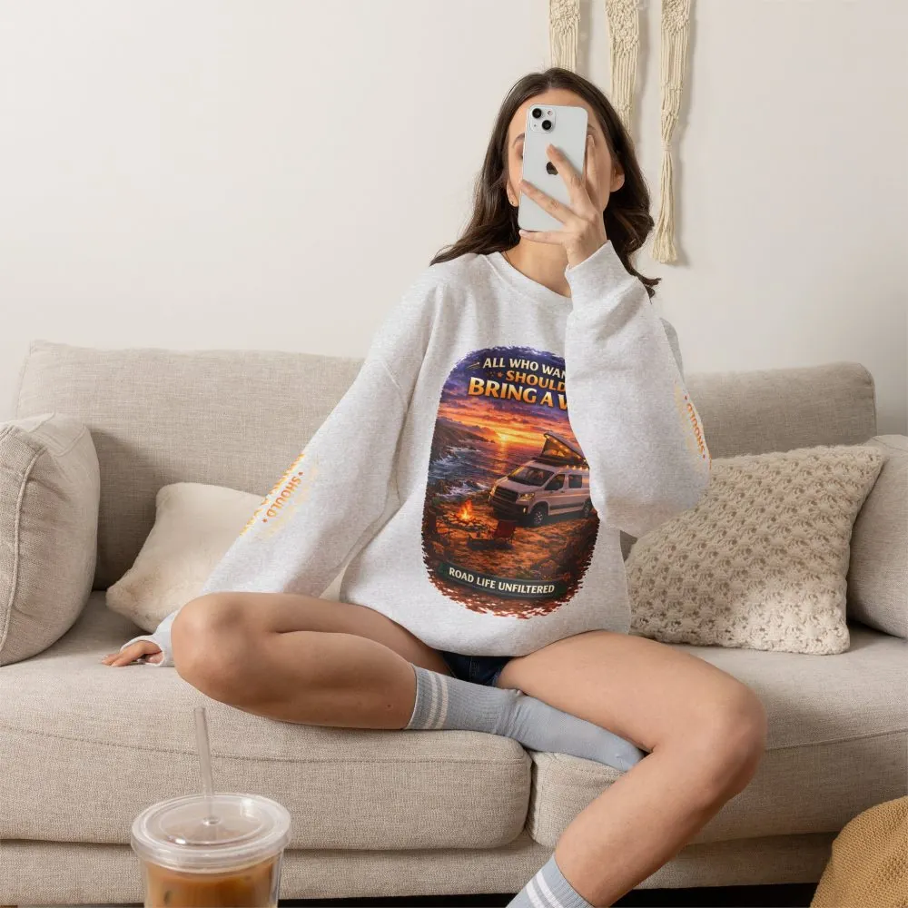 8358834217113987268_2048.jpeg Unisex Heavy Blend™ Crewneck Sweatshirt — "All Who wander Should Bring A Van" Design Scenic-Line