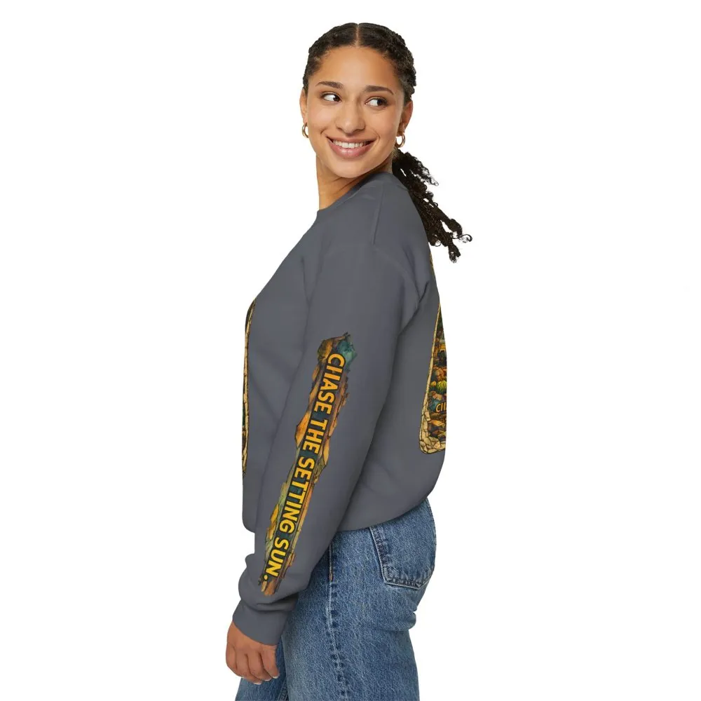 Unisex Heavy Blend™ Crewneck Sweatshirt — "Chase The Settings Sun" Design Cubic-Line