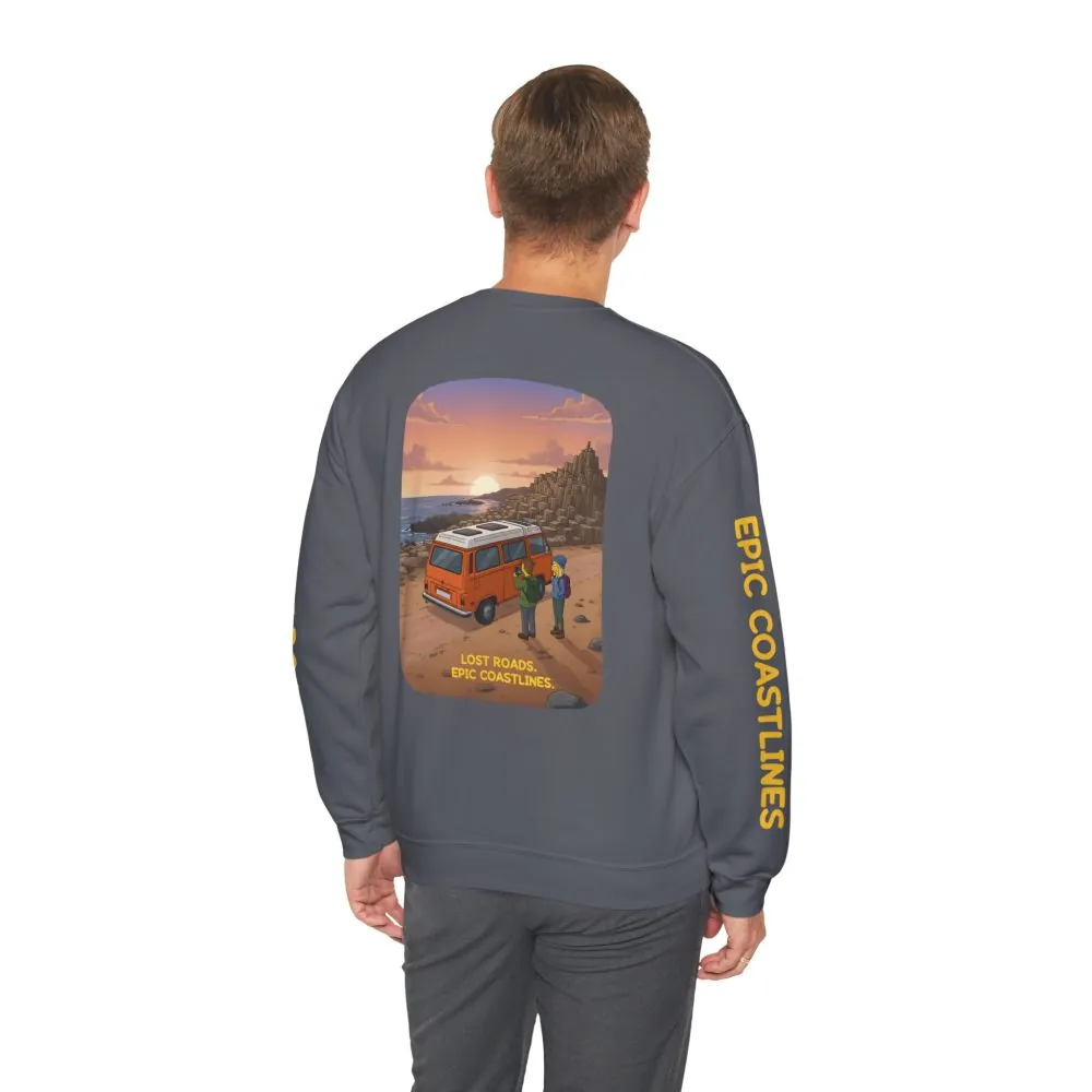 Unisex Heavy Blend™ Crewneck Sweatshirt — "Lost Roads Epic Coastlines" Design Sitcom-Line