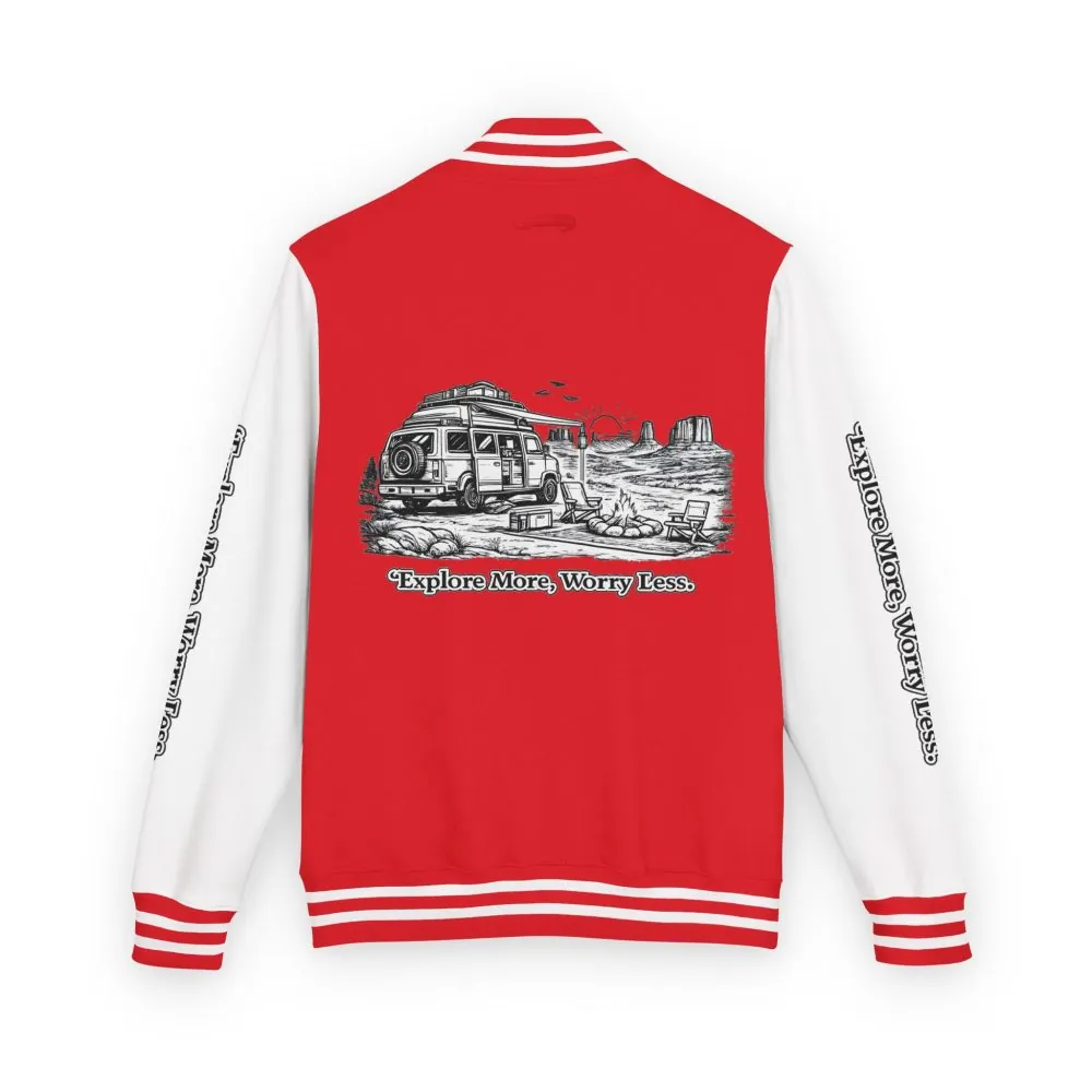 Unisex Heavyweight Letterman Jacket — "Explore More Worry Less" Travel Varsity Coat