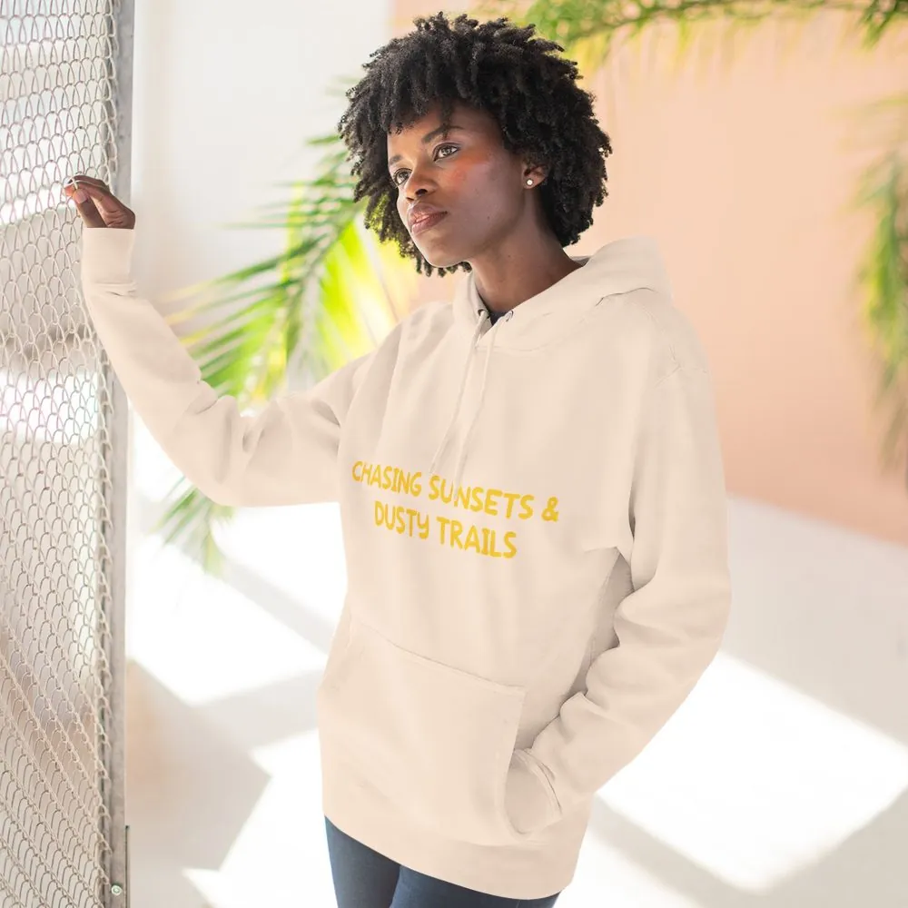 Three-Panel Fleece Hoodie - "Chasing Sunsets And Dusty Trails" Design Sitcom-Line