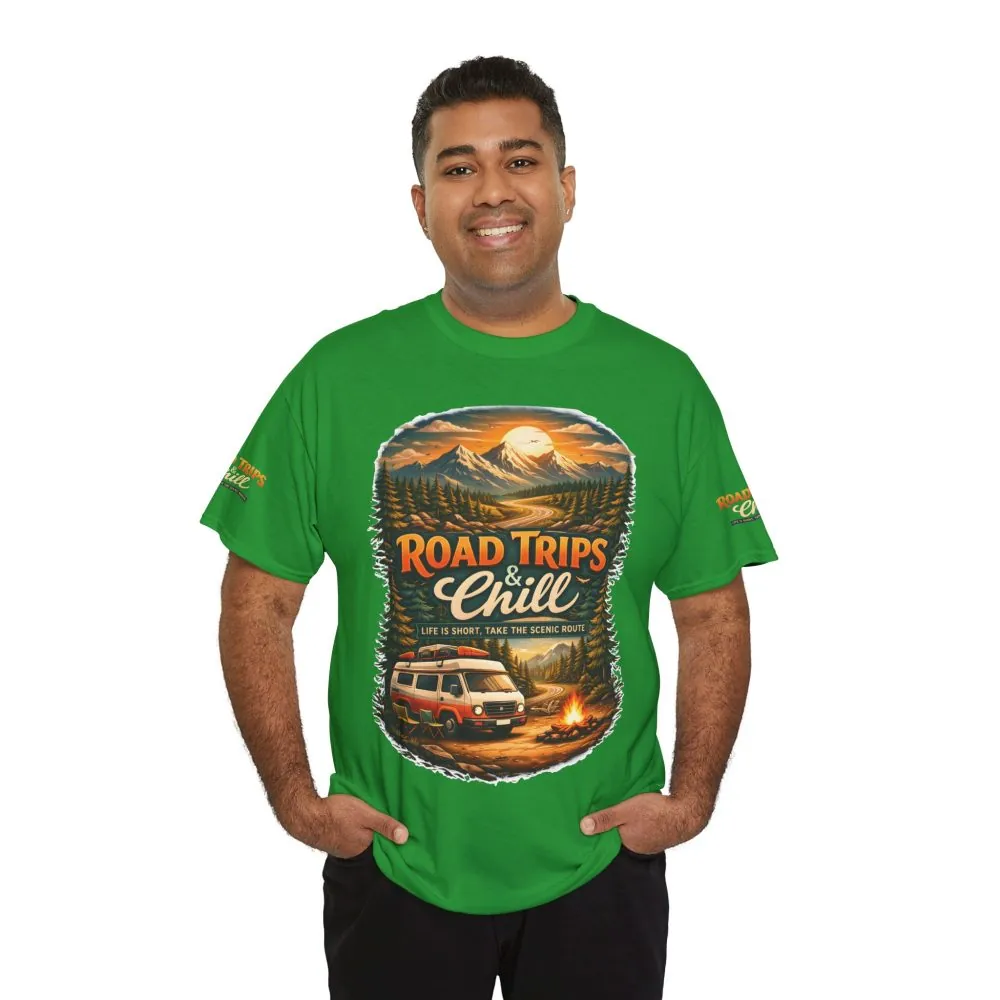 Unisex Heavy Cotton Tee — "Road Trips & Chill" Design Scenic-Line