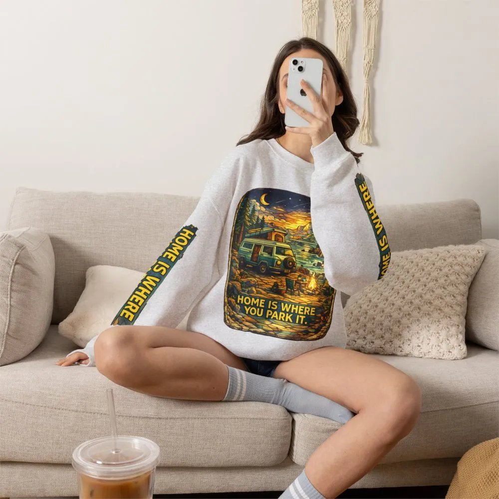 Unisex Heavy Blend™ Crewneck Sweatshirt — "Home Is Where You Park It" Design Cubic-Line