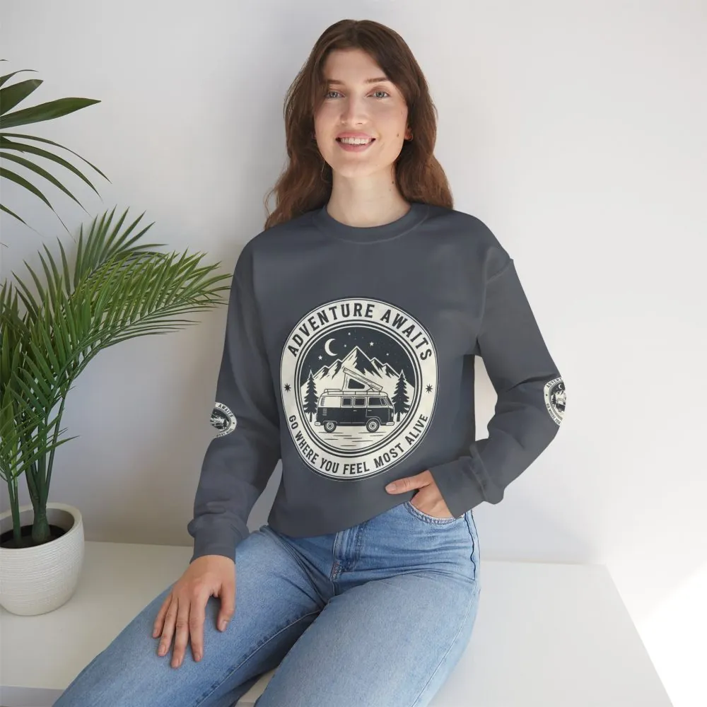 Crewneck Sweatshirt — "Adventure Awaits-Go Where You Feel Most Alive" (Font + Back + Sleaves printed) Vintage Camper Van Outdoor Graphic