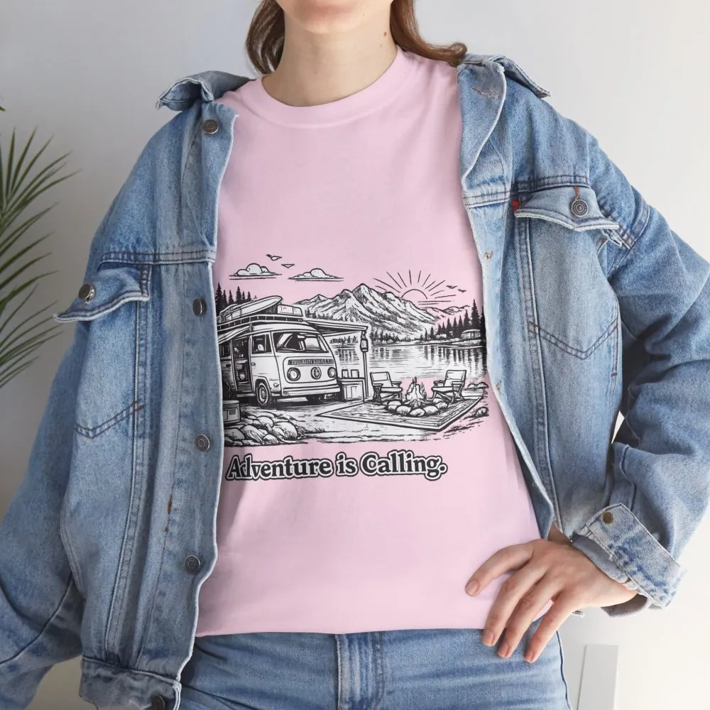 Unisex Heavy Cotton Tee — "Adventure Is Calling" Design Minimal-Line