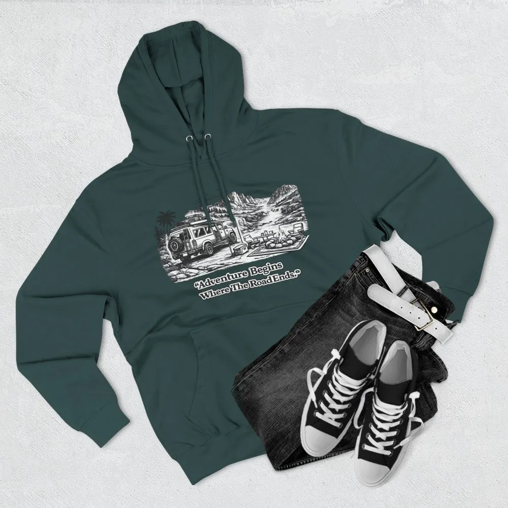 8462380413638844895_2048.jpeg Three-Panel Fleece Hoodie - "Adventure Begins Where The Road Ends" Design Minimal-Line