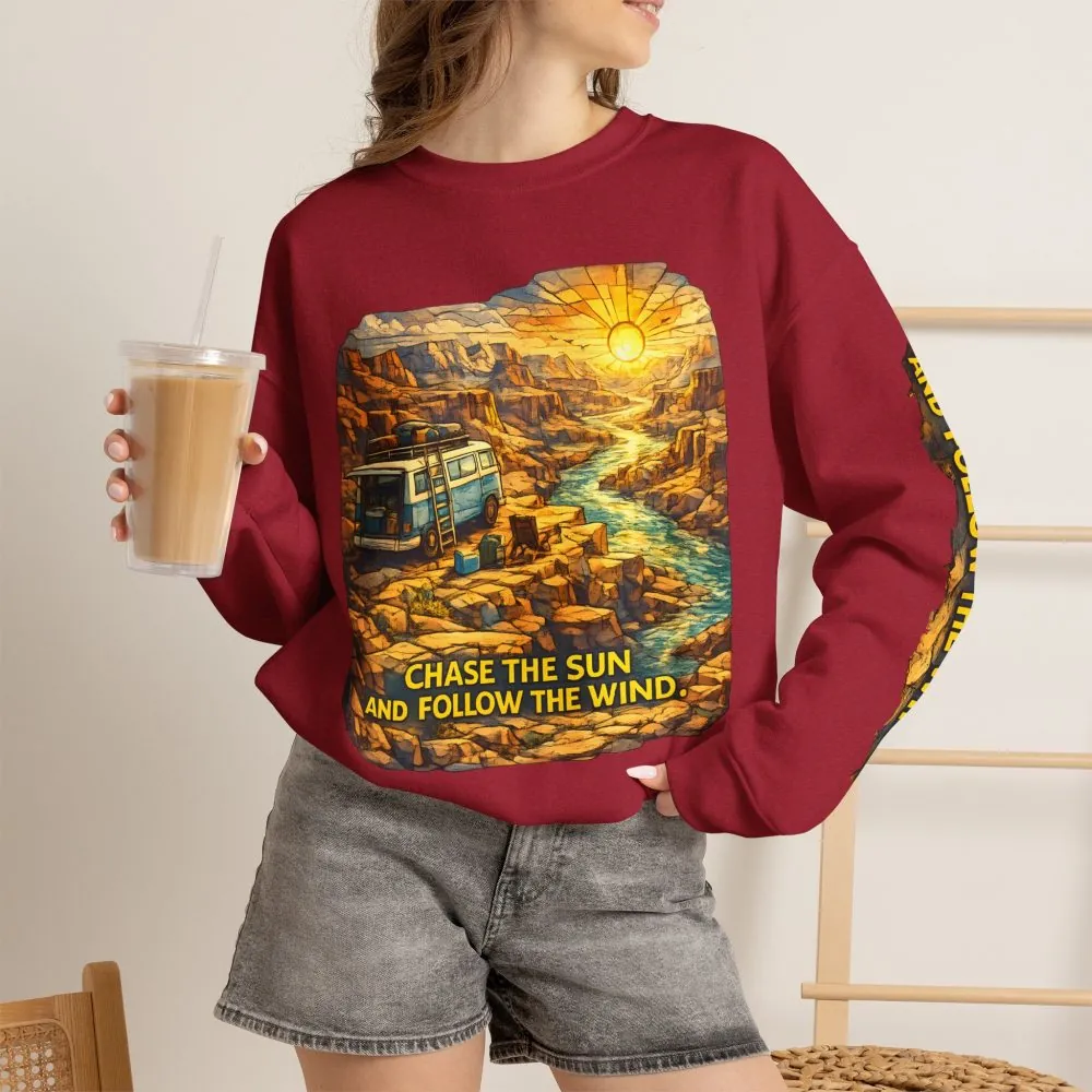 Unisex Heavy Blend™ Crewneck Sweatshirt — "Chase The Sun And Follow The Wind" Design Cubic-Line