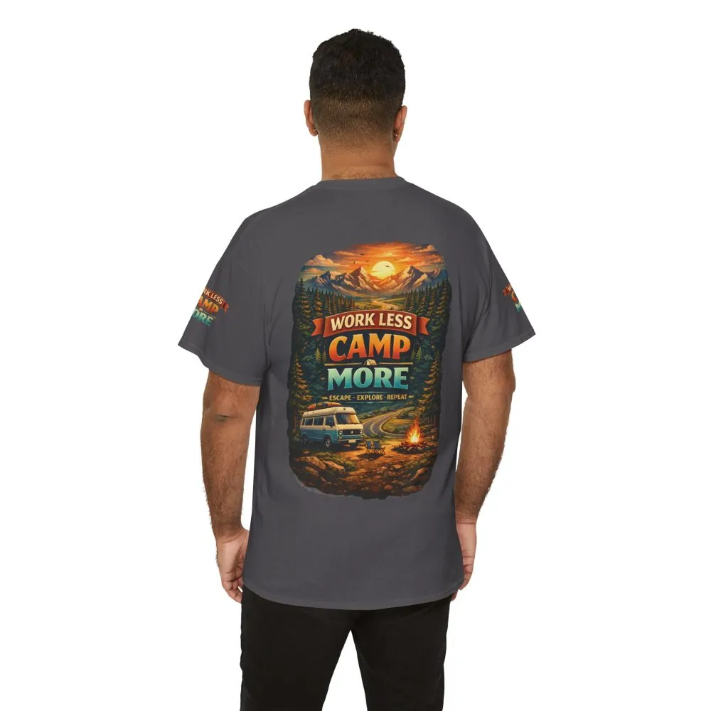 Unisex Heavy Cotton Tee — "Work Less-Camp More" Design Scenic-Line