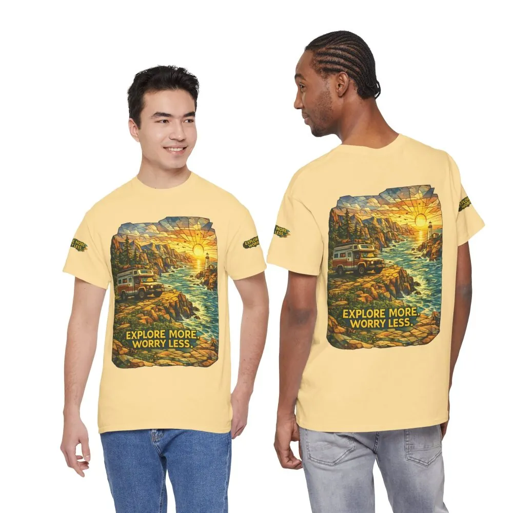 8487010189684202571_2048.jpeg Unisex Heavy Cotton Tee — "Explore More Worry Less" Design Cubic-Line