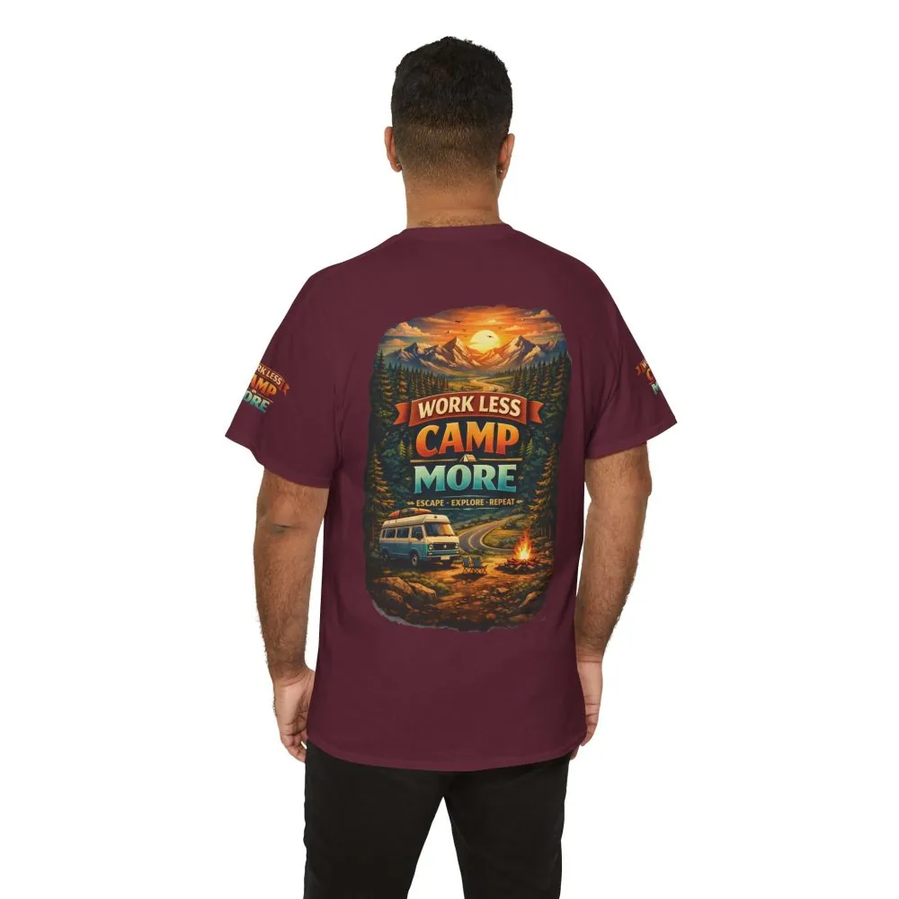 Unisex Heavy Cotton Tee — "Work Less-Camp More" Design Scenic-Line