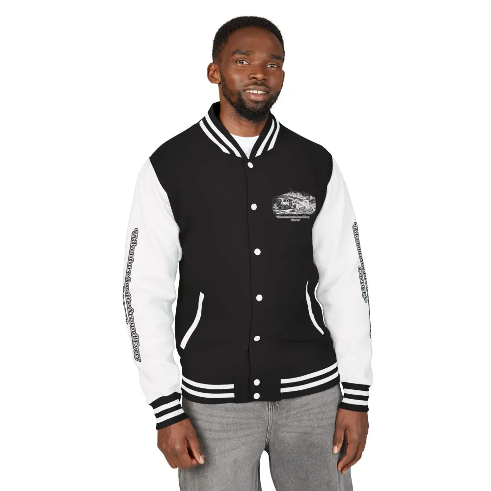 Unisex Heavyweight Letterman Jacket — "Adventure Awaits Around Every Corner" Travel Varsity Coat