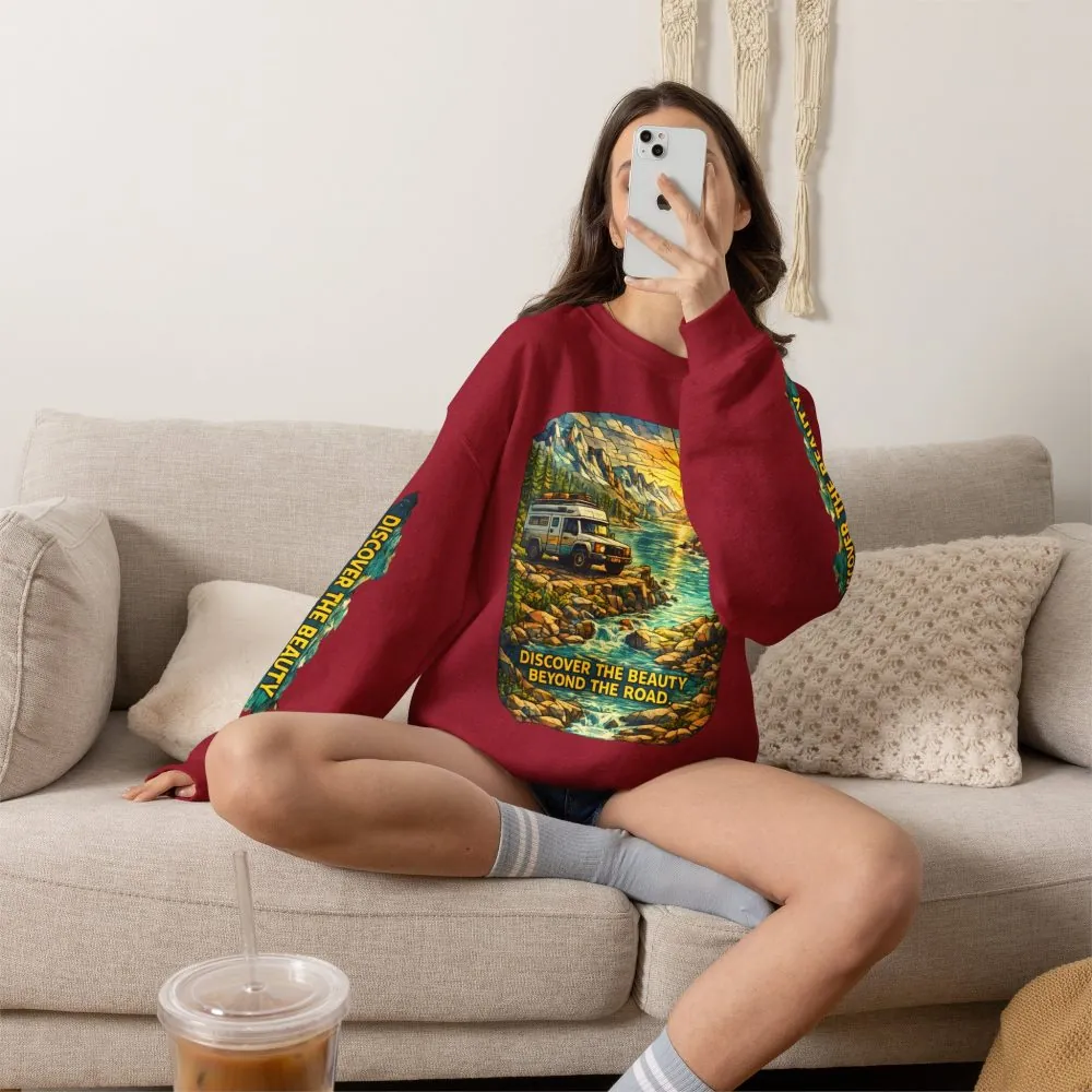 Unisex Heavy Blend™ Crewneck Sweatshirt — "Discover The Bieuty Beyond The Road" Design Cubic-Line
