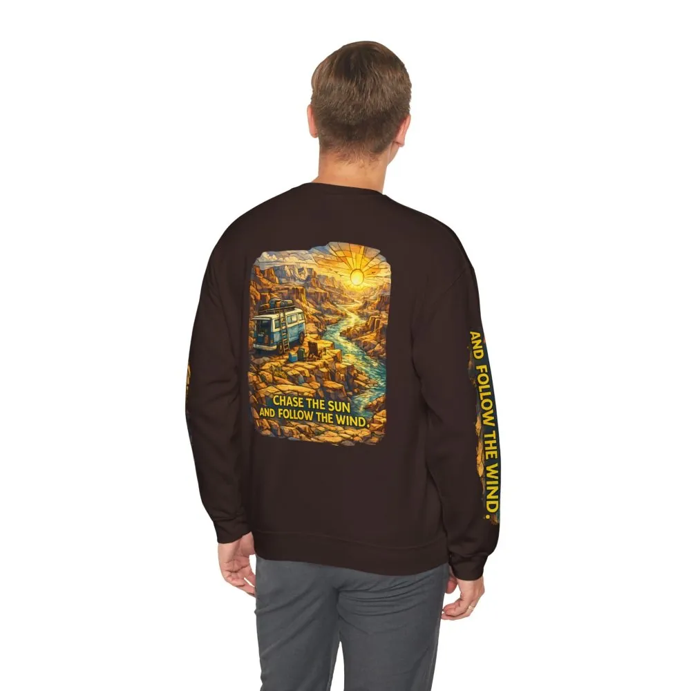 Unisex Heavy Blend™ Crewneck Sweatshirt — "Chase The Sun And Follow The Wind" Design Cubic-Line