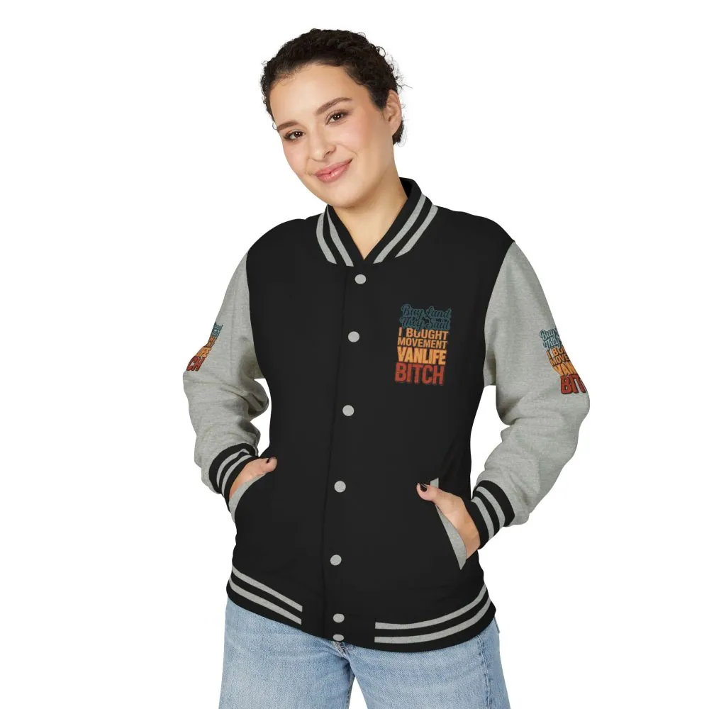 8514372166660800326_2048.jpeg Unisex Heavyweight Letterman Jacket — "Buy Land They Said" Design F**K-Line
