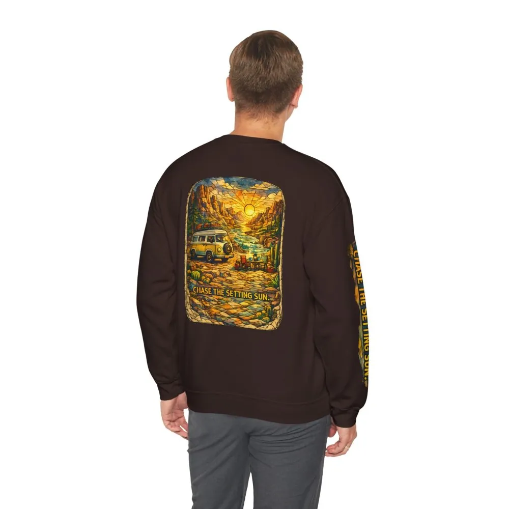 Unisex Heavy Blend™ Crewneck Sweatshirt — "Chase The Settings Sun" Design Cubic-Line