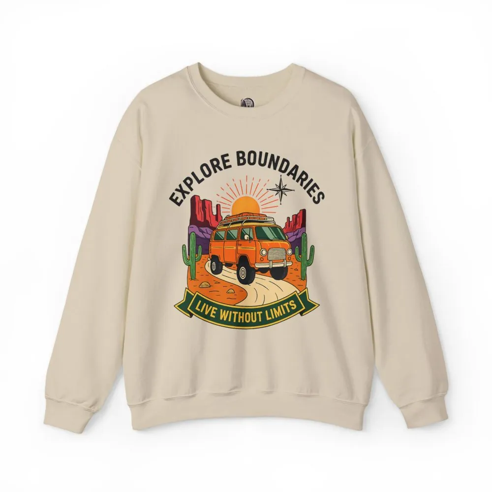 8523734860611274608_2048.jpeg Crewneck Sweatshirt — “Explore Bounderies-Live Without Limits” Desert Road Trip Graphic