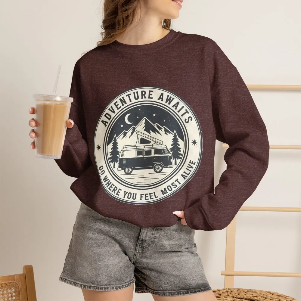 8527244578828019705_2048.jpeg Crewneck Sweatshirt — "Adventure Awaits-Go Where You Feel Most Alive" (Only Font + Back printed) Vintage Camper Van Outdoor Graphic