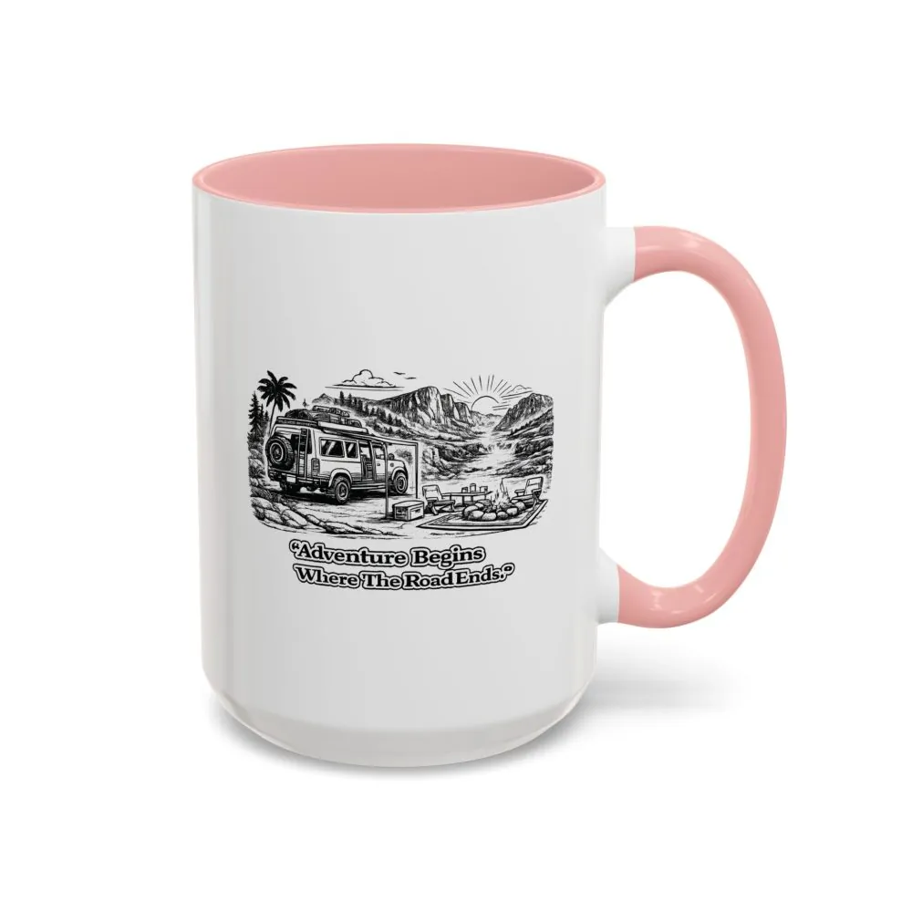 Accent Coffee Mug (11, 15oz) — "Adventure Begins Where The Road Ends" Design Minimal-Line