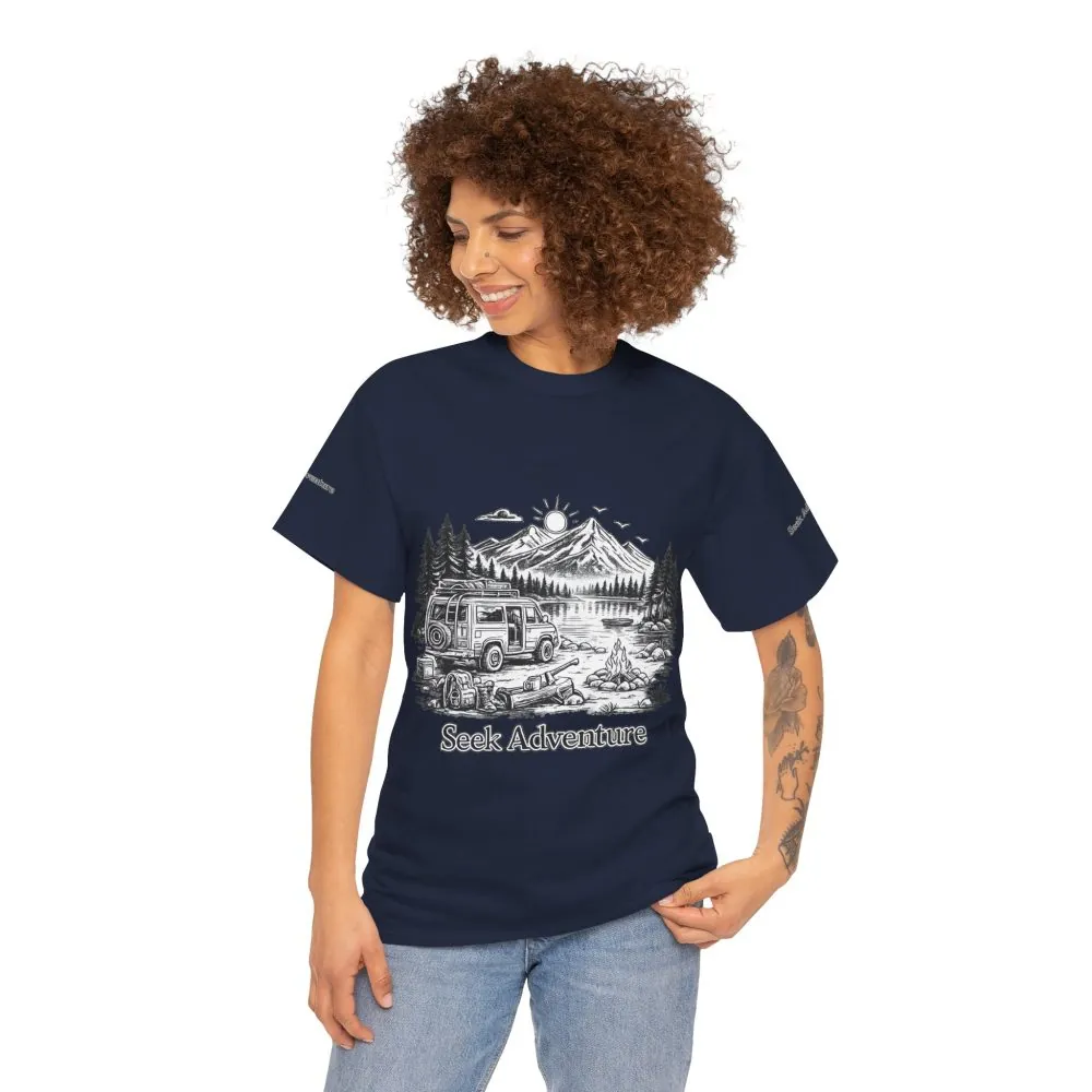 Unisex Heavy Cotton Tee — "Seek Adventure" Design Minimal-Line