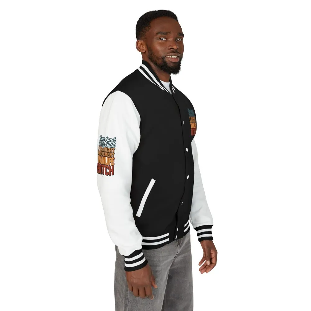 8543647939591980279_2048.jpeg Unisex Heavyweight Letterman Jacket — "Buy Land They Said" Design F**K-Line