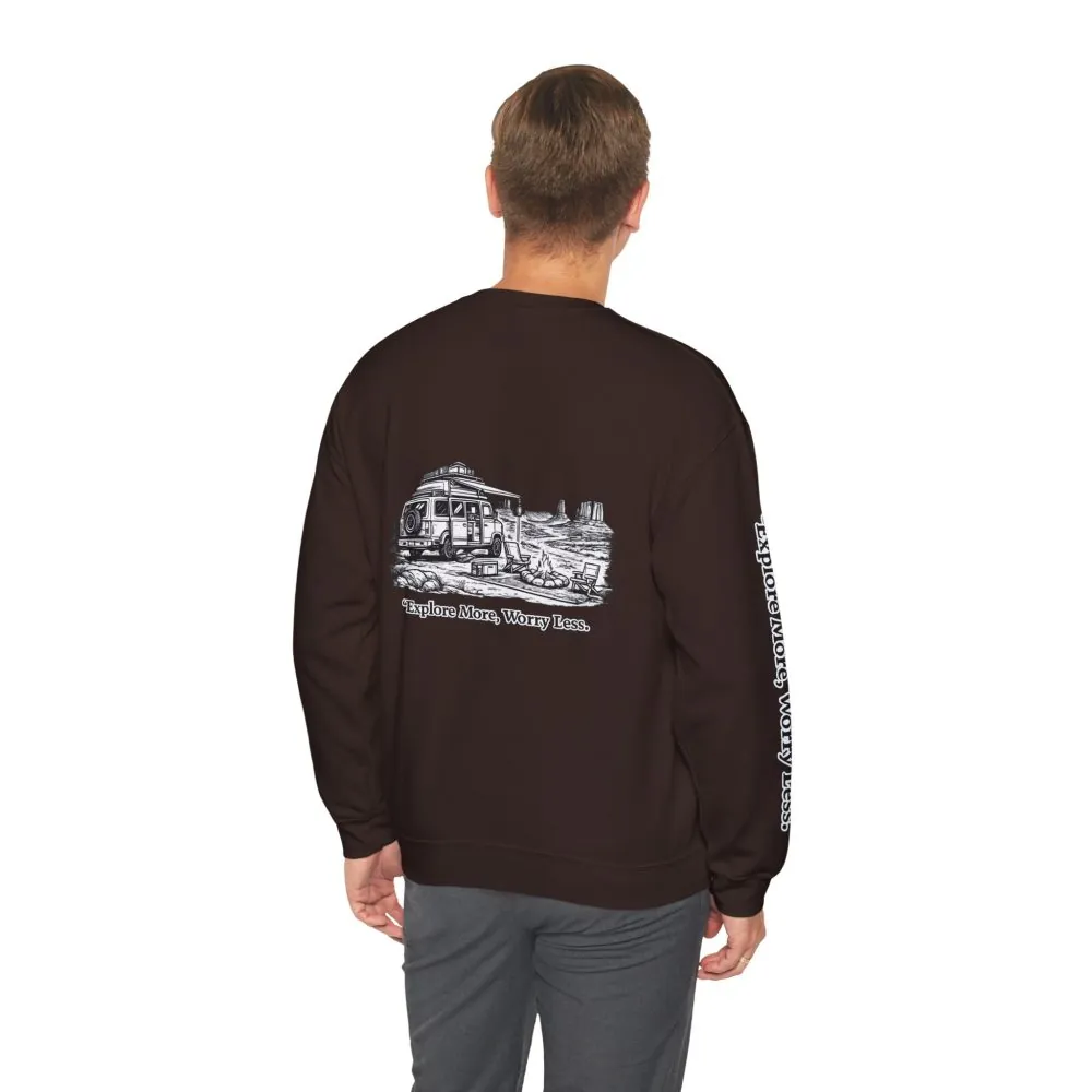 Unisex Heavy Blend™ Crewneck Sweatshirt — "Explore More Worry Less" Design Minimal-Line