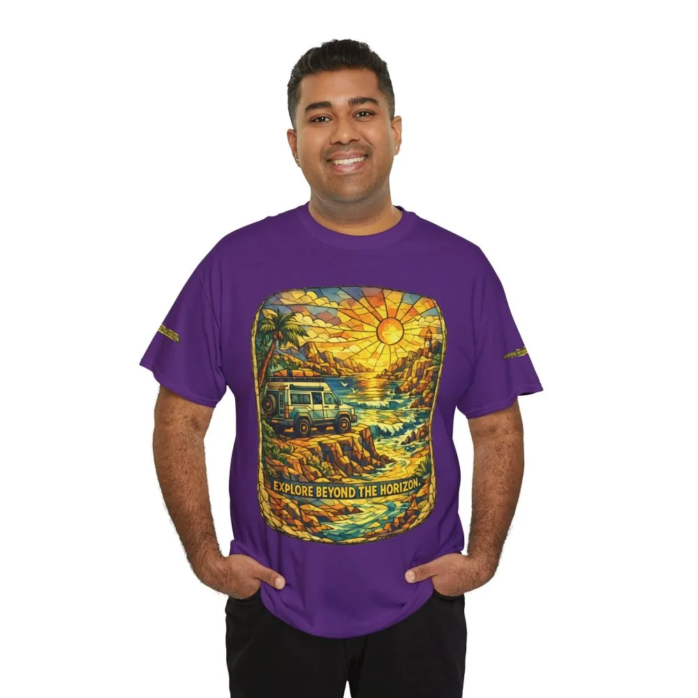 Unisex Heavy Cotton Tee — "Explore Beyond The Horizon" Design Cubic-Line