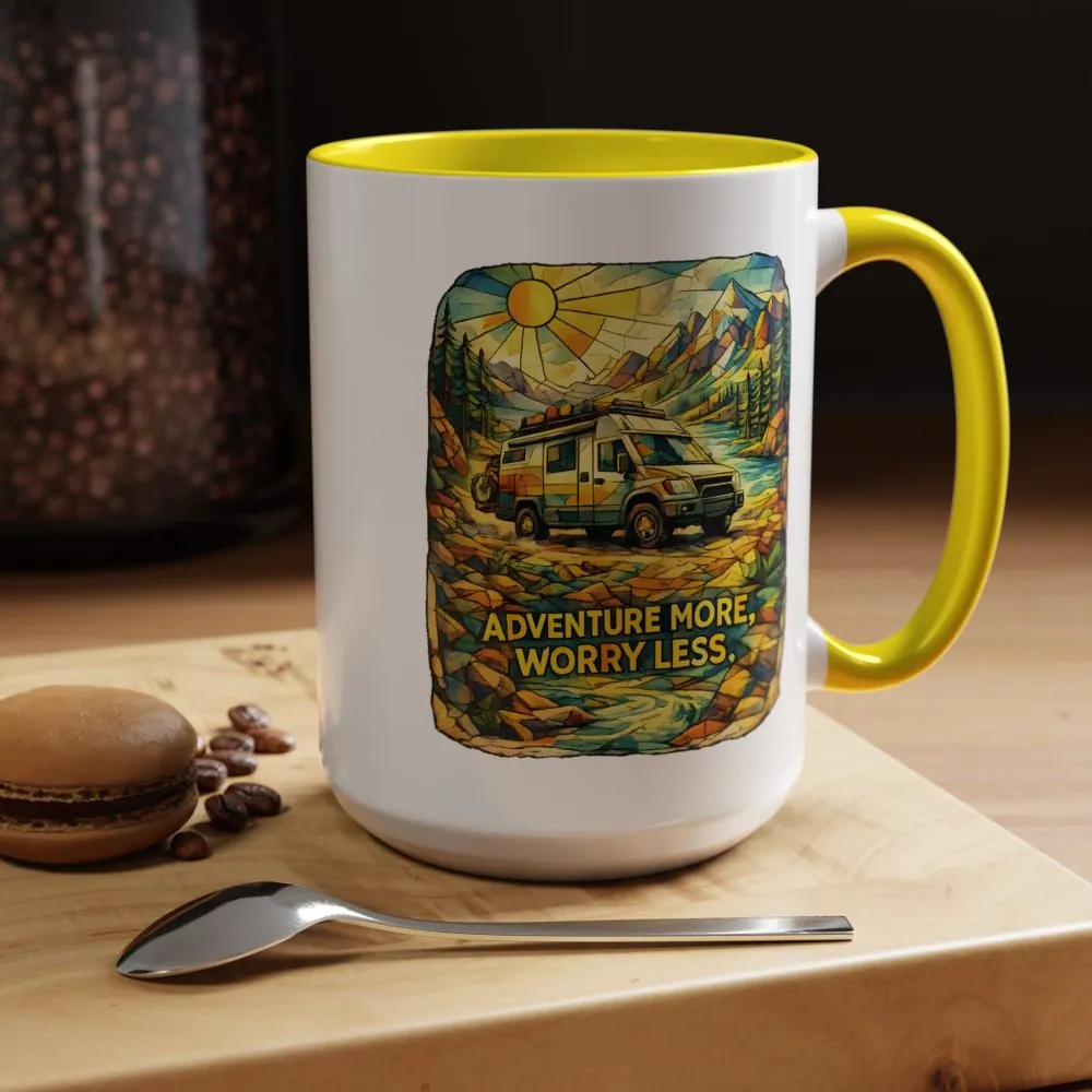 Accent Coffee Mug (11, 15oz) — "Adventure More Worry Less" Design Cubic-Line