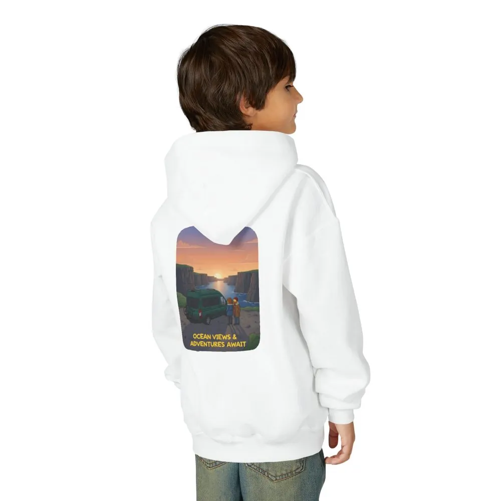 Youth Hoodie(Gildan) – "Ocean Views-Adventures Awaits" (Design Sitcom-Line)