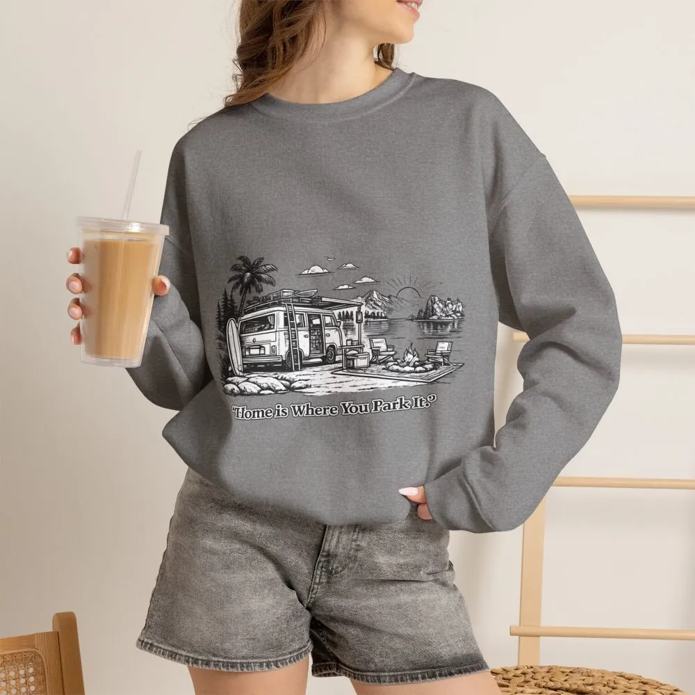 Unisex Heavy Blend™ Crewneck Sweatshirt — "Home Is Where You Park It" Design Minimal-Line