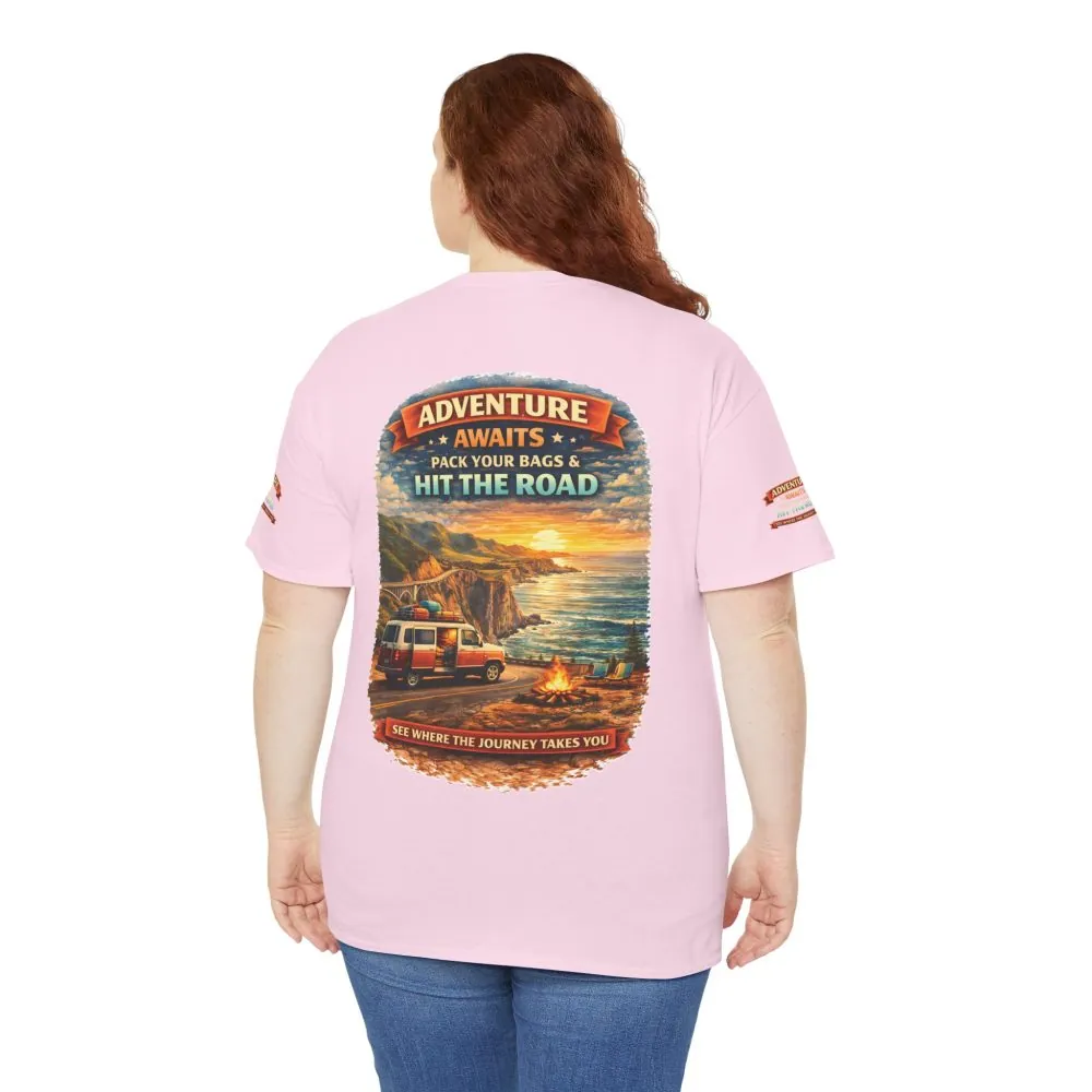Unisex Heavy Cotton Tee — "Adventure Awaits-Pack Your Bags" Design Scenic-Line