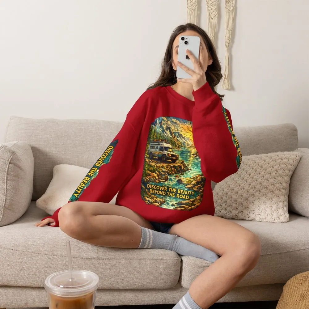 Unisex Heavy Blend™ Crewneck Sweatshirt — "Discover The Bieuty Beyond The Road" Design Cubic-Line