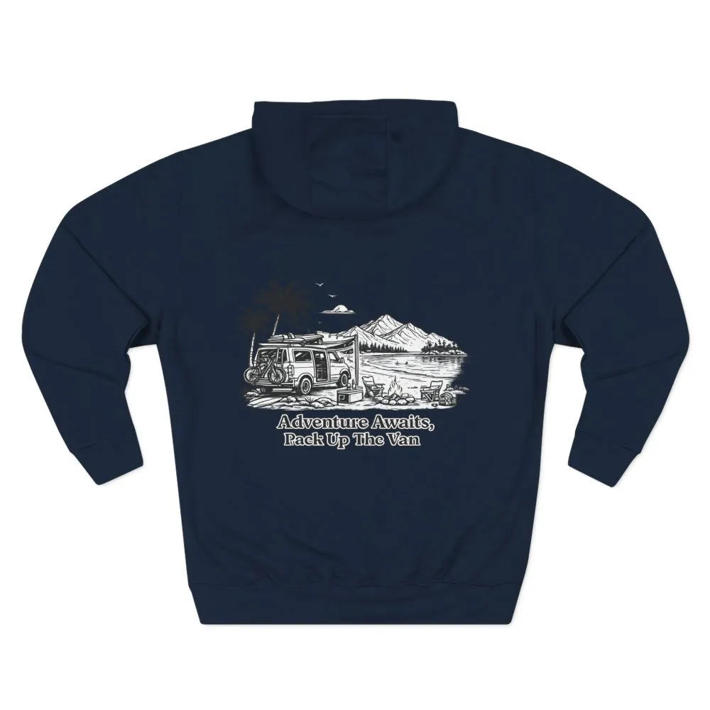 Three-Panel Fleece Hoodie - "Adventure Awaits,Pack Up The Van" Design Minimal-Line