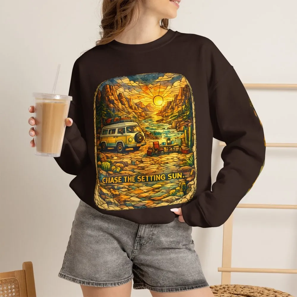 Unisex Heavy Blend™ Crewneck Sweatshirt — "Chase The Settings Sun" Design Cubic-Line