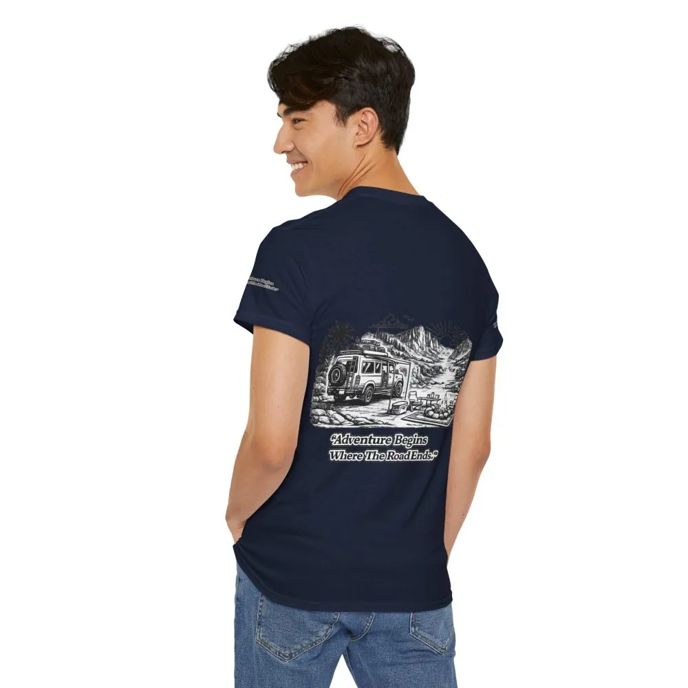 Unisex Heavy Cotton Tee — "Adventure Begins Where The Road Ends" Design Minimal-Line