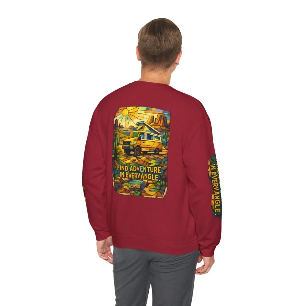 Unisex Heavy Blend™ Crewneck Sweatshirt — "Find Adventure In Every Corner" Design Cubic-Line