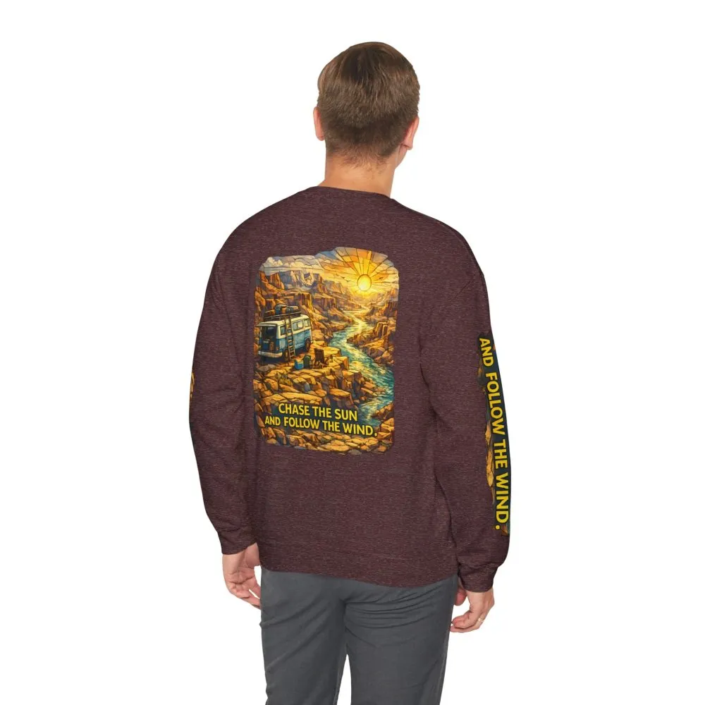 Unisex Heavy Blend™ Crewneck Sweatshirt — "Chase The Sun And Follow The Wind" Design Cubic-Line