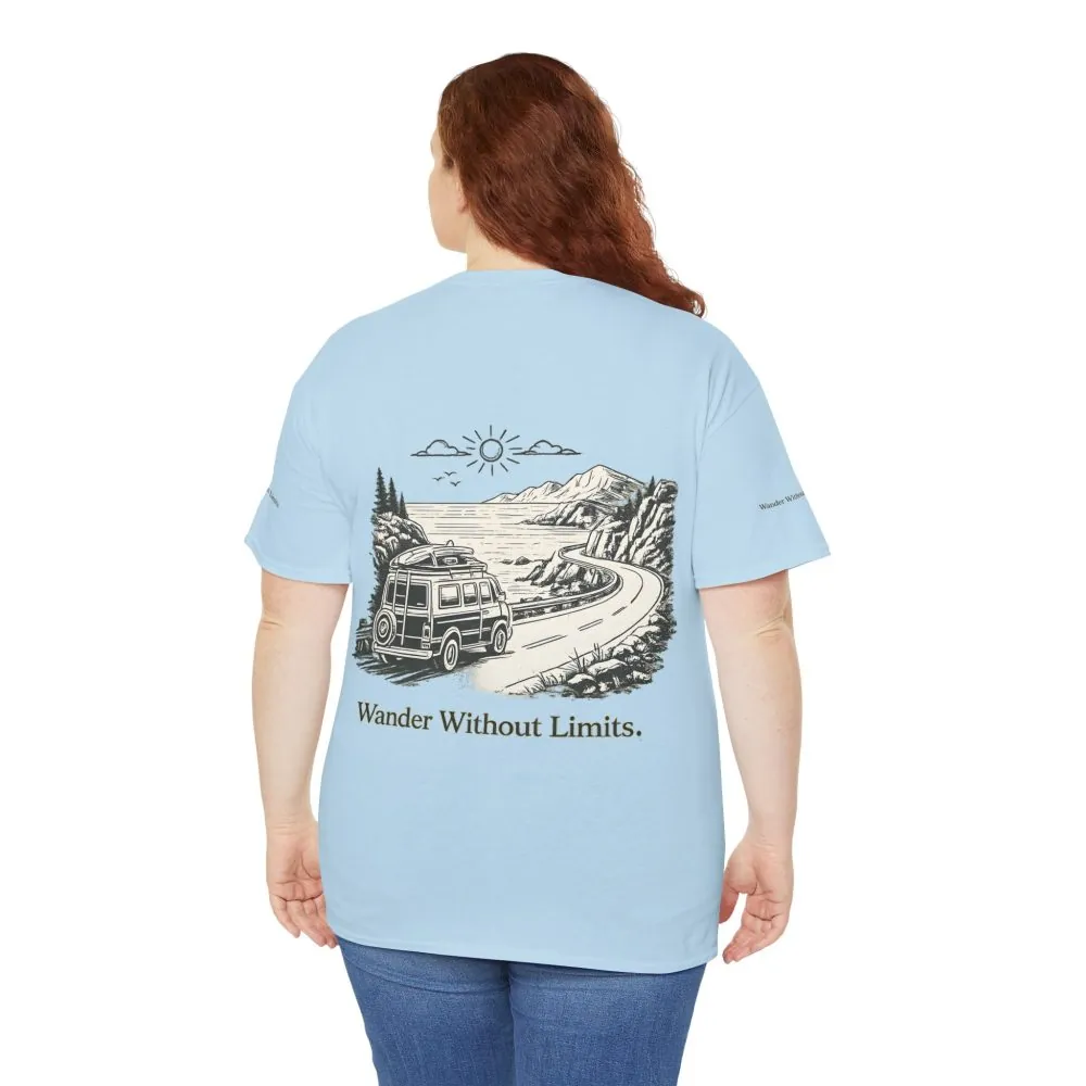 Unisex Heavy Cotton Tee — "Wander Without Limits" Design Minimal-Line