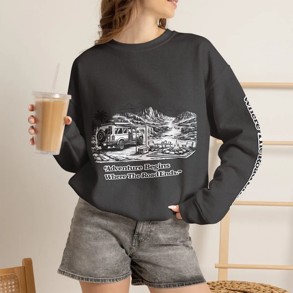Unisex Heavy Blend™ Crewneck Sweatshirt — "Adventure Begins Where The Road Ends" Design Minimal-Line