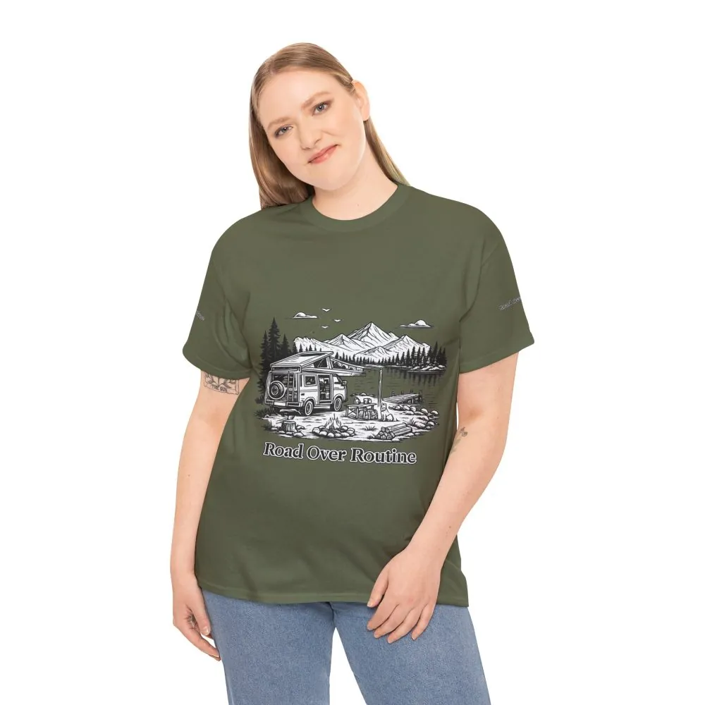 8667917003592822490_2048.jpeg Unisex Heavy Cotton Tee — "Road Over Routine" Design Minimal-Line