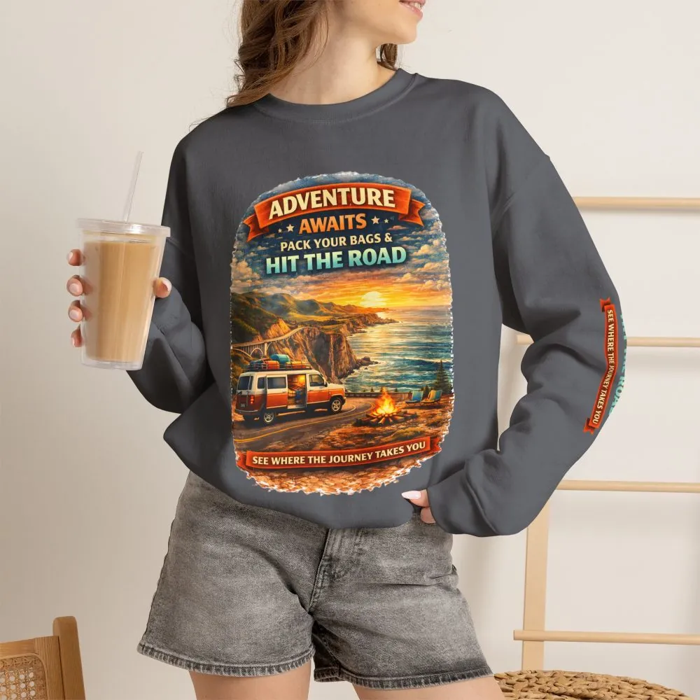 8667984214360433933_2048.jpeg Unisex Heavy Blend™ Crewneck Sweatshirt — "Adventure Awaits-Pack Your Bags" Design Scenic-Line