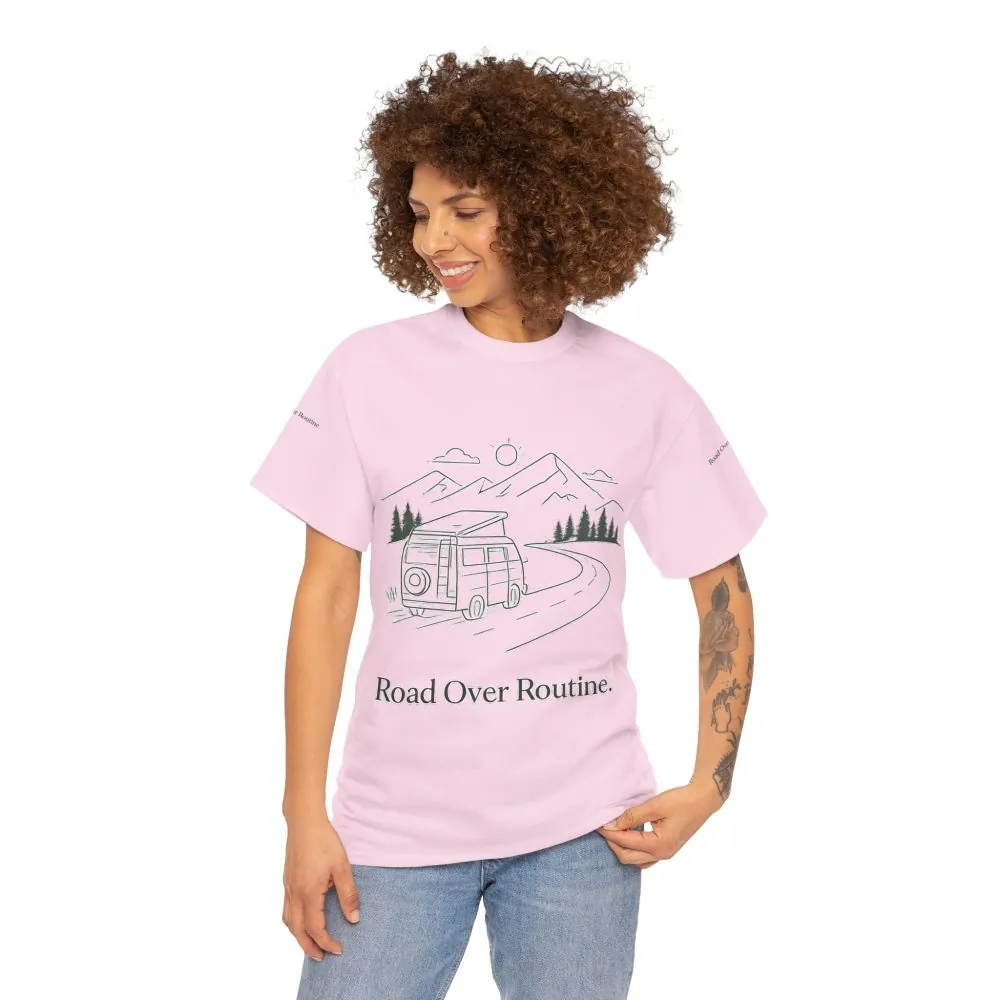 8670946636692420035_2048.jpeg Unisex Heavy Cotton Tee — "Road Over Routine" Design Minimal-Line