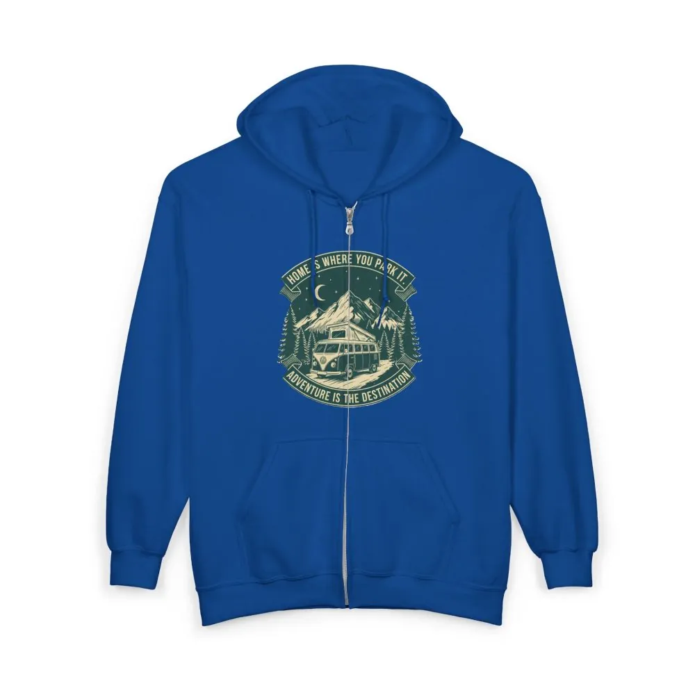8678988274183676577_2048.jpeg Zip Hoodie — "Home Is Where You Park It-Adventure is the destination"(Front + Back Printed) Camper Van Adventure Zip-Up