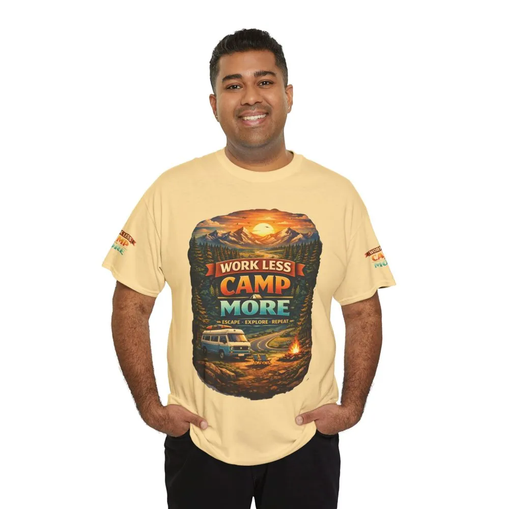 Unisex Heavy Cotton Tee — "Work Less-Camp More" Design Scenic-Line