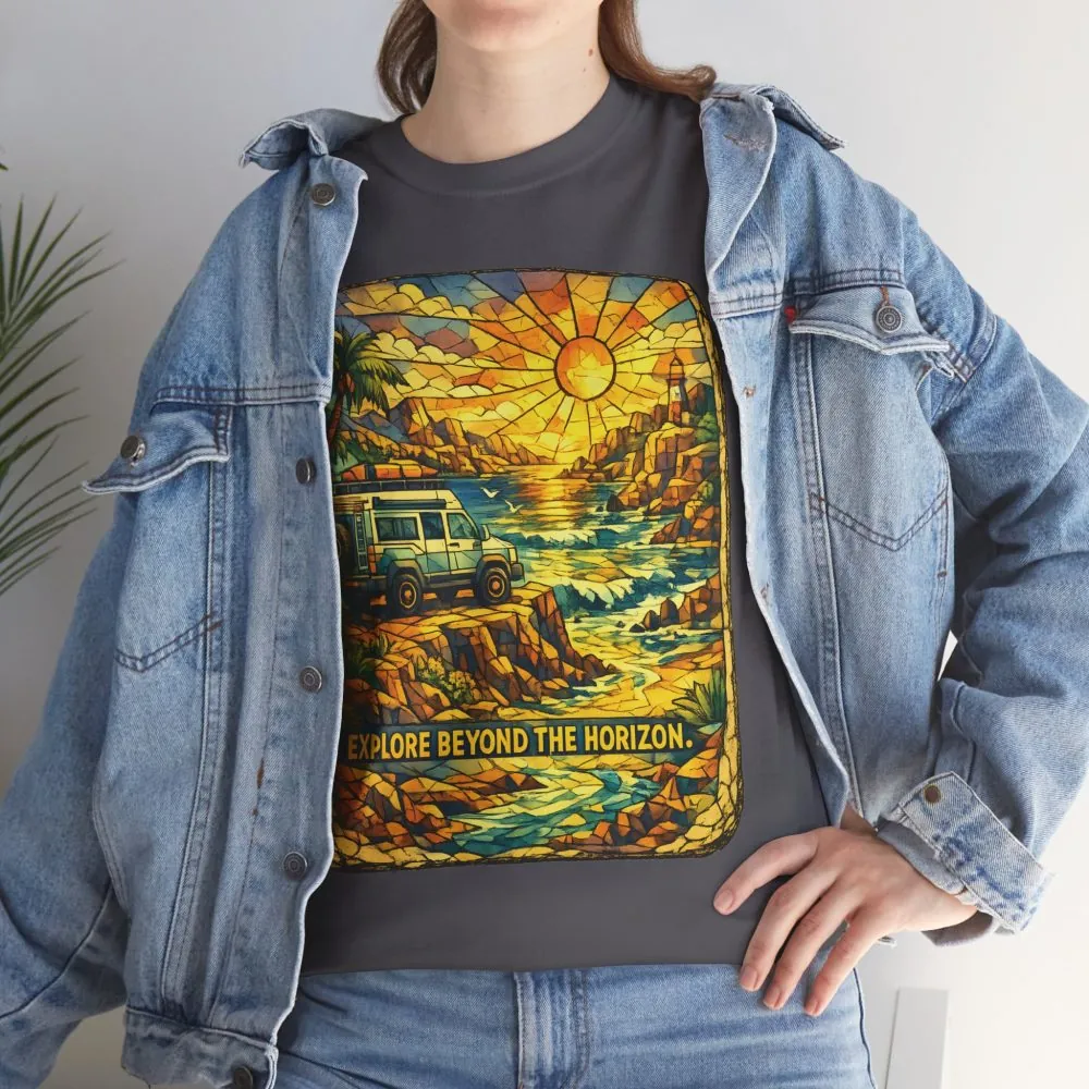 Unisex Heavy Cotton Tee — "Explore Beyond The Horizon" Design Cubic-Line