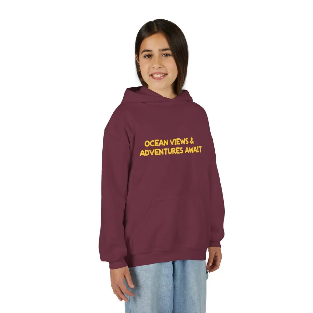 Youth Hoodie(Gildan) – "Ocean Views-Adventures Awaits" (Design Sitcom-Line)