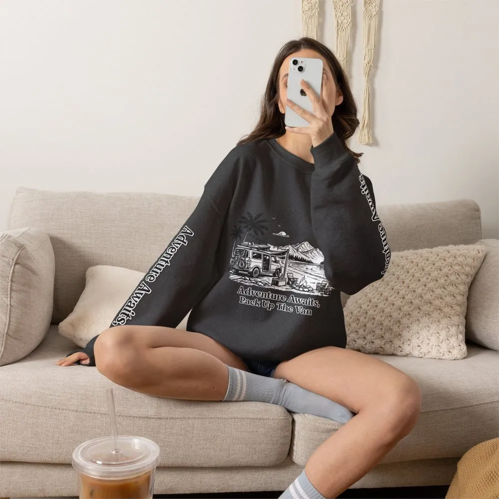 Unisex Heavy Blend™ Crewneck Sweatshirt — "Adventure Awaits,Pack Up The Van" Design Minimal-Line