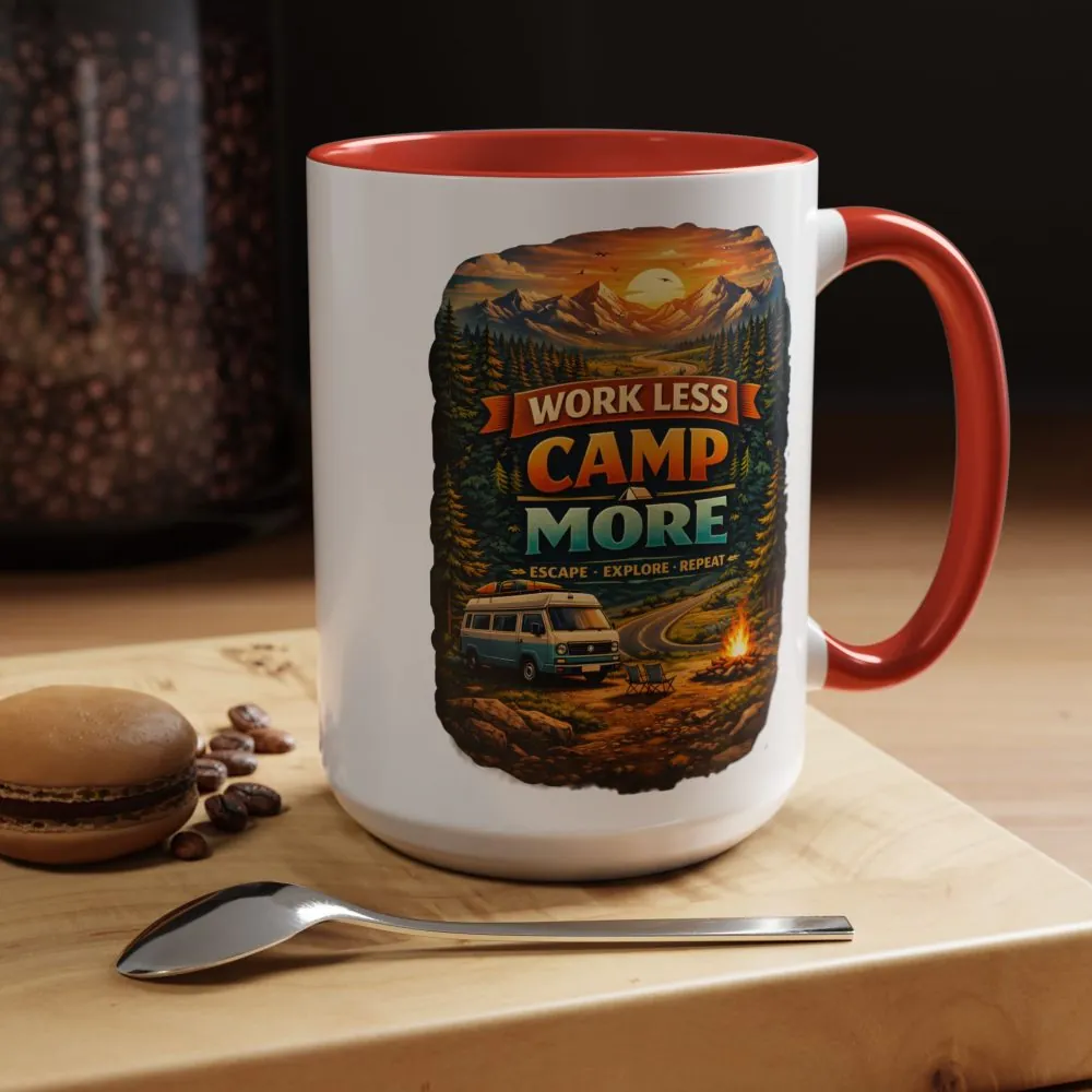 Accent Coffee Mug (11, 15oz) — "Work Less-Camp More" Design Scenic-Line
