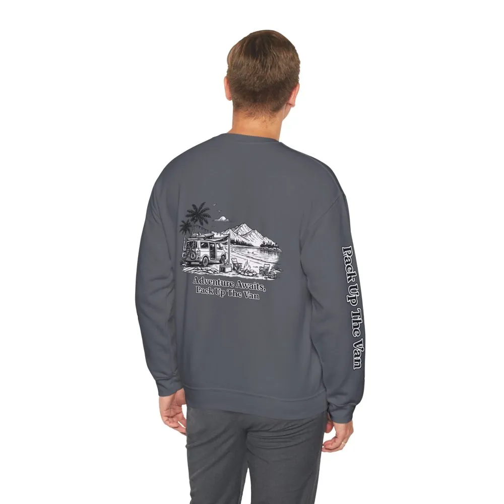 Unisex Heavy Blend™ Crewneck Sweatshirt — "Adventure Awaits,Pack Up The Van" Design Minimal-Line