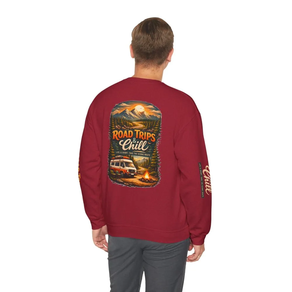 Unisex Heavy Blend™ Crewneck Sweatshirt — "Road Trips & Chill" Design Scenic-Line